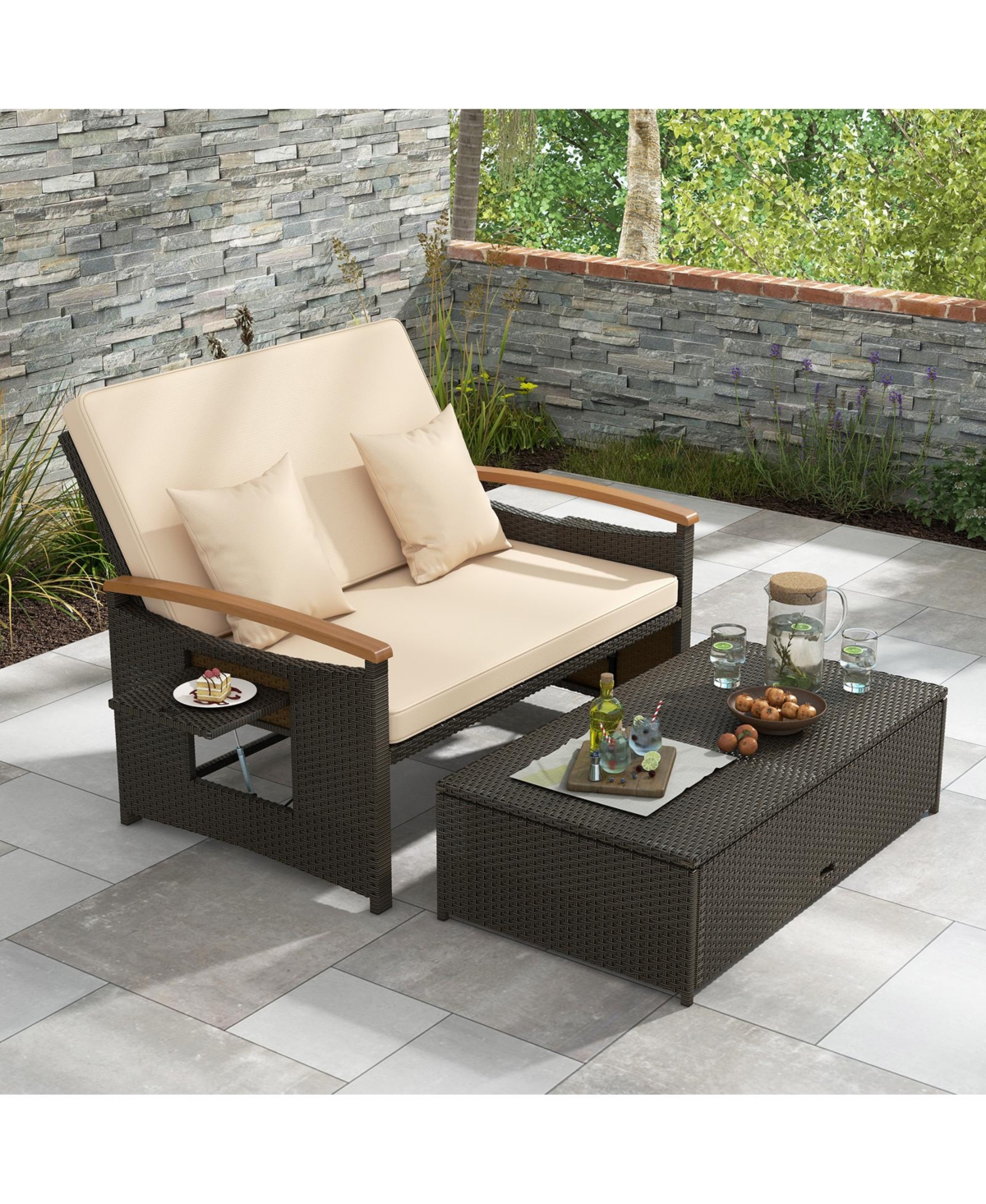 Gouun Outdoor Wicker Daybed with Folding Panels and Storage Ottoman