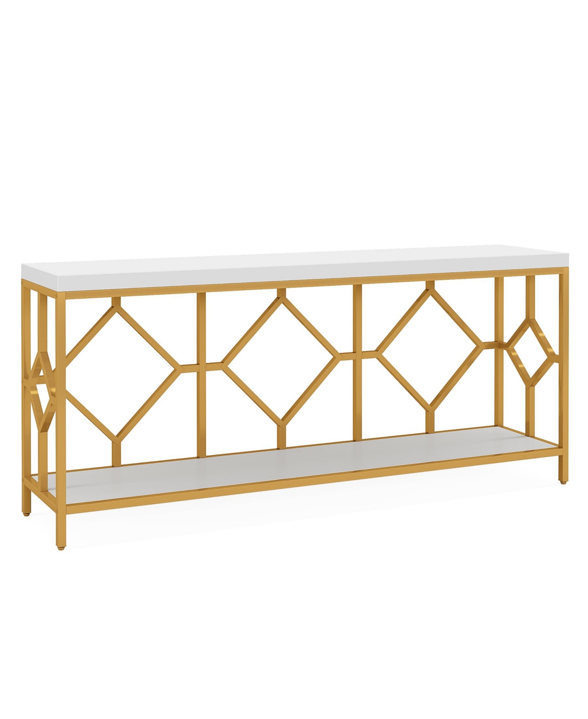 Tribesigns Extra Long Sofa Table, Narrow Long Sofa Console Tables Behind Couch Table with Open Storage Shelf - White and gold