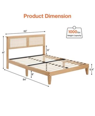 Queen Size Bed Frame with Rattan Headboard, Platform Bed Frame with LED Lights and Wood Headboard, Strong Wooden Slat, Mattress Foundation, Noise Free, No Box Spring Needed