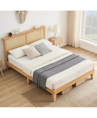 Queen Size Bed Frame with Rattan Headboard, Platform Bed Frame with LED Lights and Wood Headboard, Strong Wooden Slat, Mattress Foundation, Noise Free, No Box Spring Needed