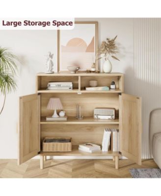 31.5" Rattan 2-Door Shelf Cabinet + Modern Accent + Buffet Storage + Kitchen Sideboard Furniture