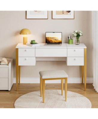 47" Makeup Vanity Desk with Flip Top Mirror and Lights, 3 Lighting Mode, 3 in 1 Vanity Table with 5 Drawers, Make Up Vanity Set with Chair for Bedroom