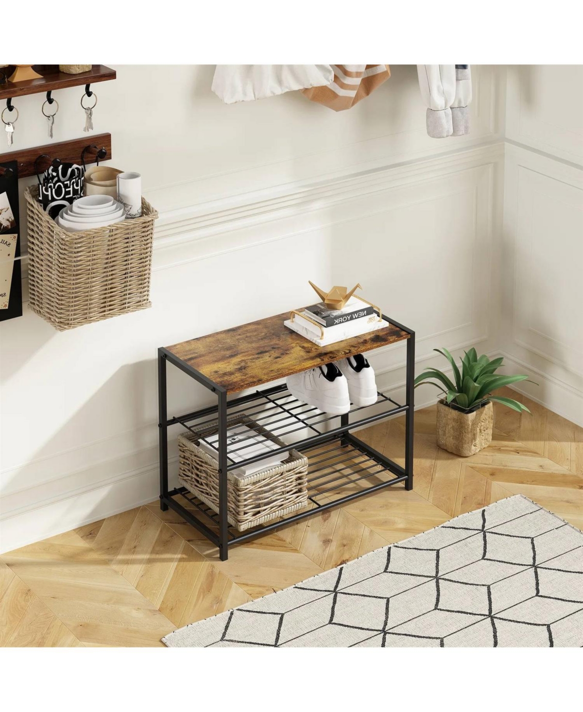 Slickblue 2-Shelf Entryway Shoe Rack Bench - Space-Saving Storage Bench for Hallway - Black