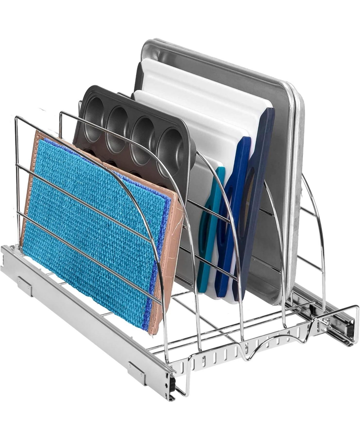 Bakeware Pull Out Organizer for Cookie Sheet, Cutting Board, Bakeware, and Tray 12.5 x 21 In - Chrome