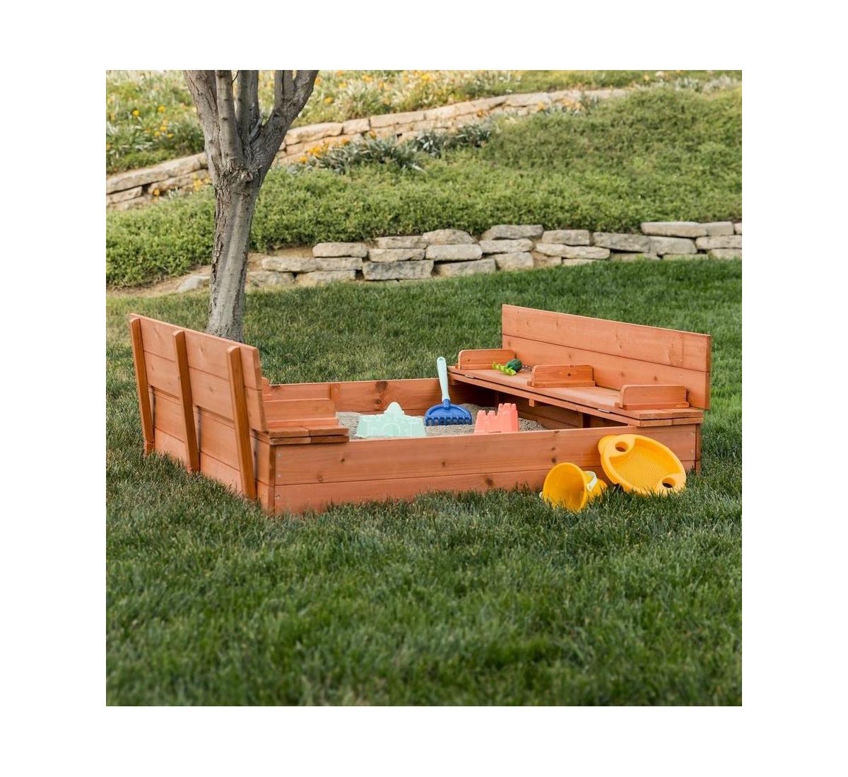Slickblue Sturdy Cedar Kids Complete Seated Bench Sandbox for Outdoor Fun