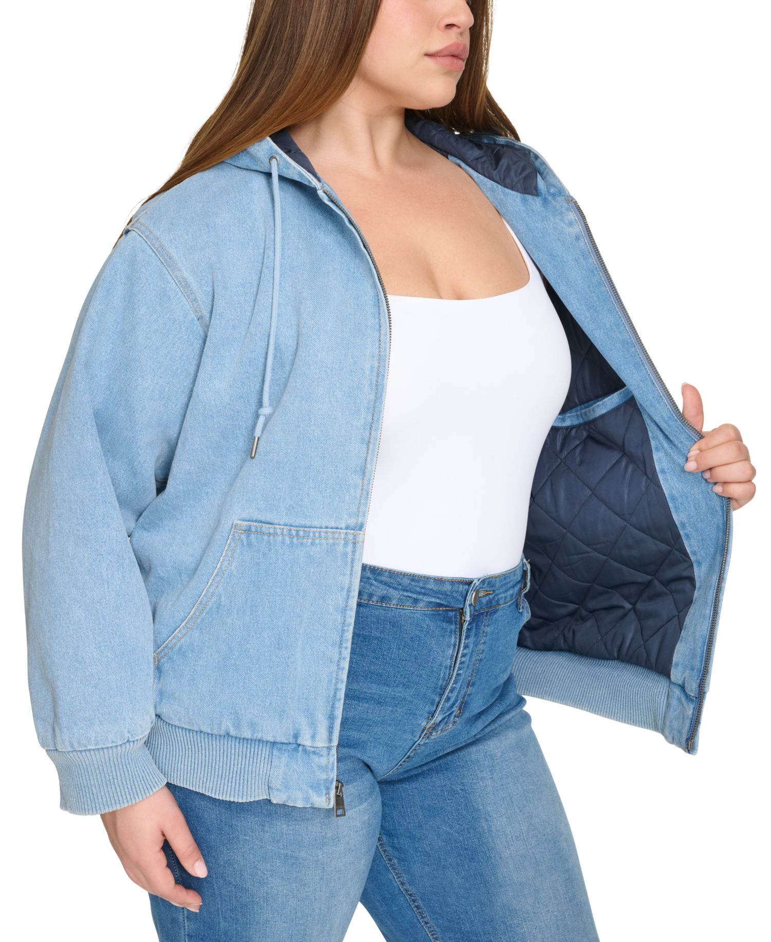 Plus Size Quilted Lined Hooded Bomber Jacket