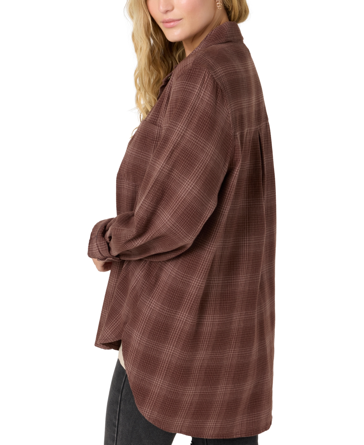 O'neill Juniors' Travys Plaid Print High-low-hem Cotton Shirt In Deep Taupe