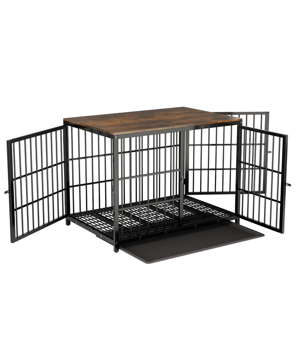 Furniture Style Wooden Dog Crate Pet Kennel End Table with Three Doors and Tray - Black