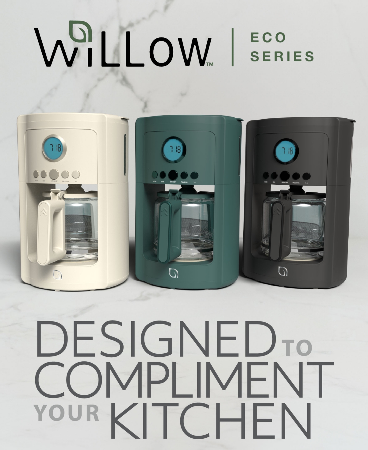 Willow Kitchen 12 Cup Coffee Maker  Programmable Brewing Options with Timer, Beautiful Design, Glass Pot