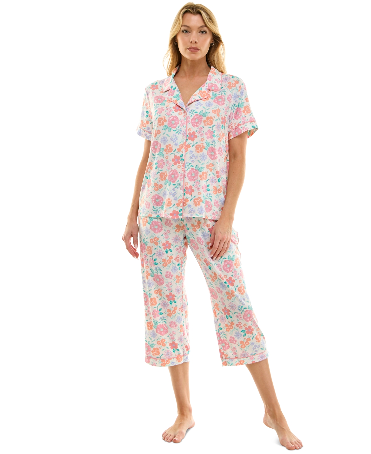 Women's Notched-Collar Cropped Pajama Set - Alex Alt Geo Sweet Lilac