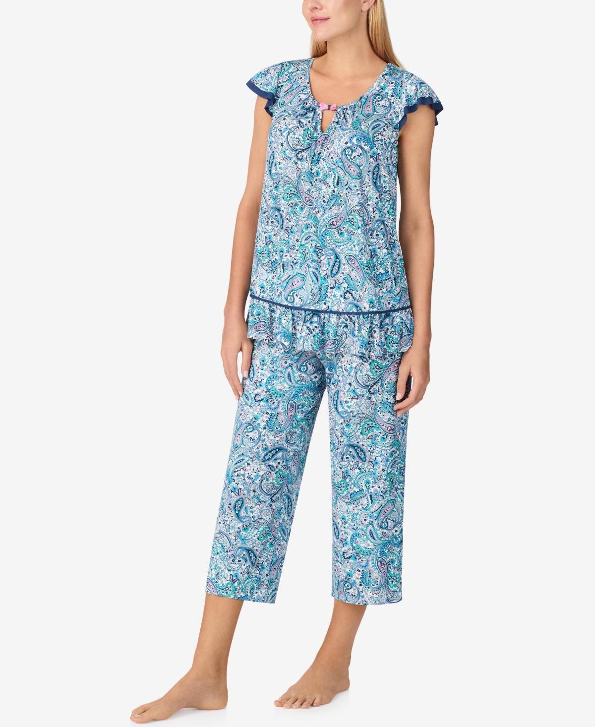 Ellen Tracy Plus Size Cropped Flutter-sleeve Pajama Set In Multi Paisley