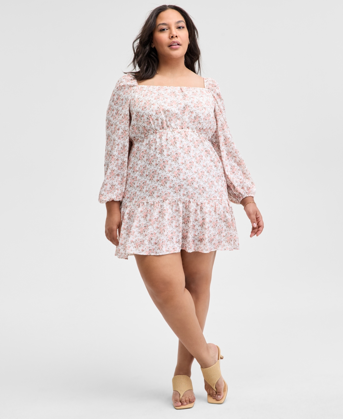 And Now This Trendy Plus Size Printed Peasant Mini Dress, Exclusively At Macy's In Calla Lilly Peach Toast