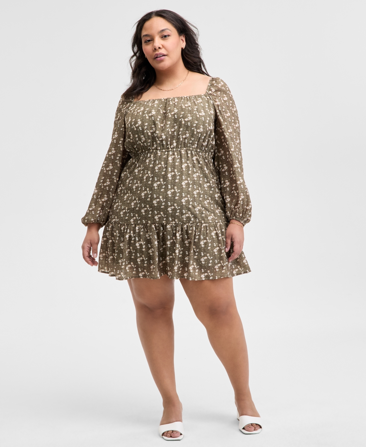 And Now This Trendy Plus Size Printed Peasant Mini Dress, Exclusively At Macy's In Crushed Oregano Floral