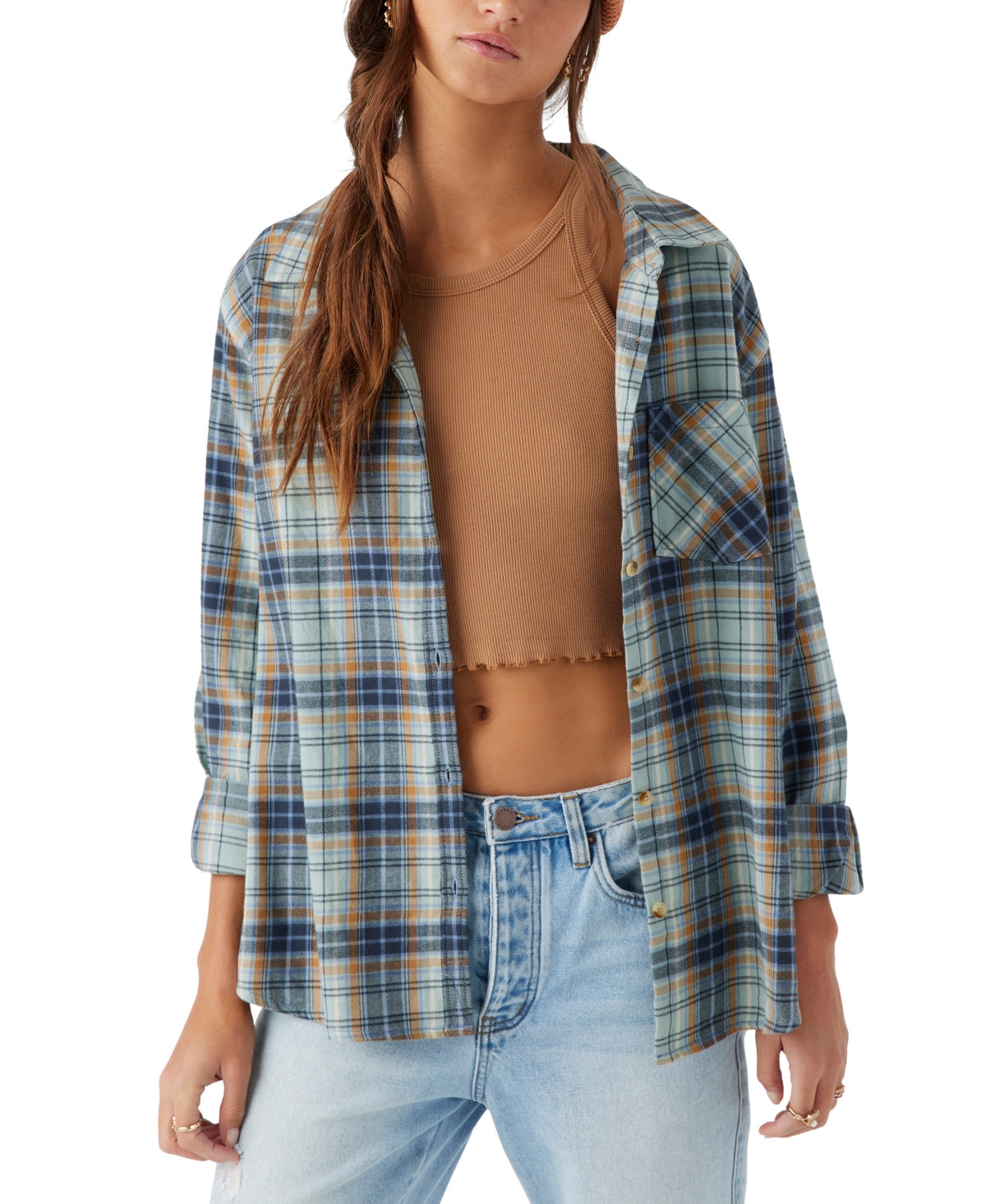 Shop O'neill Juniors' Logan Plaid Cotton Flannel Button-front Shirt In Infinity