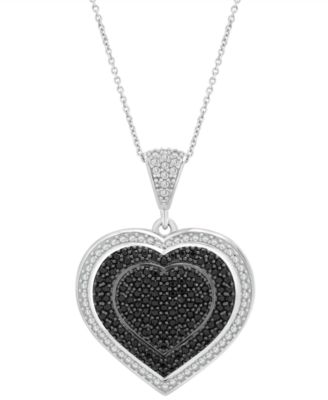 Macy's - Black & White Diamond Heart Halo Cluster 18" Pendant Necklace (3/4 ct. t.w.) in Sterling Silver