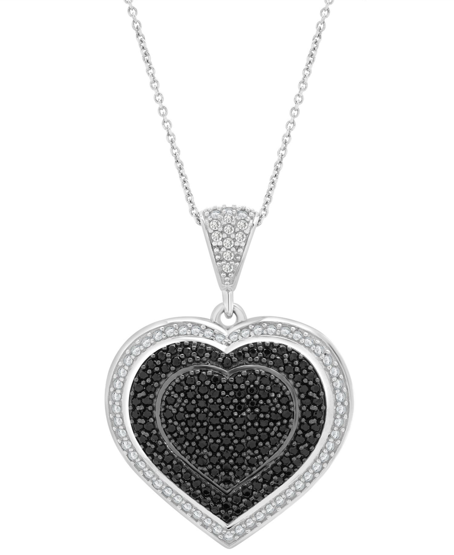 Black & White Diamond Heart Halo Cluster 18" Pendant Necklace (3/4 ct. t.w.) in Sterling Silver