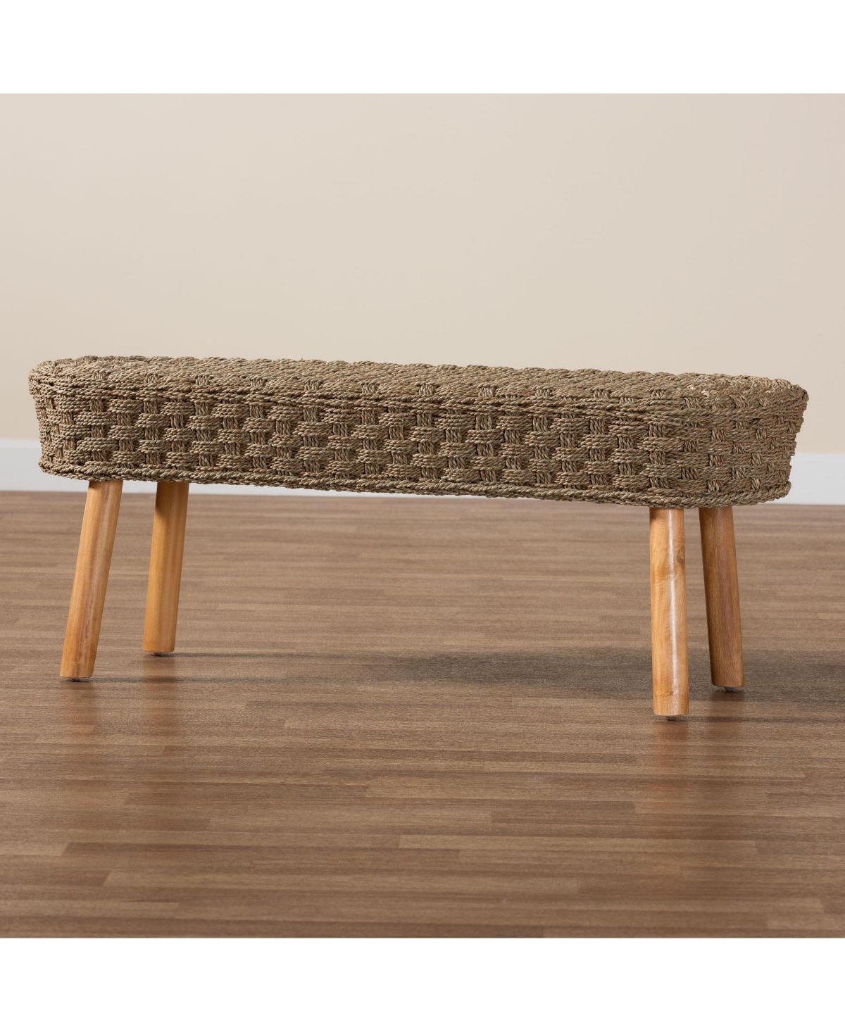 bali & pari Denver Modern Bohemian Natural Seagrass and Acacia Wood Accent Bench -natural brown