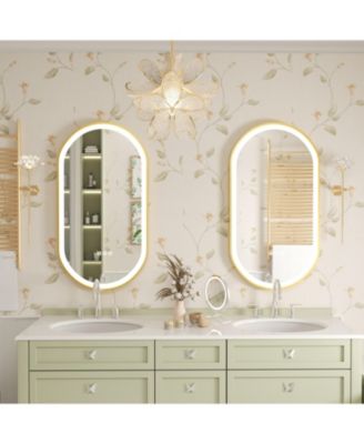Oval Led Bathroom Mirror Gold Frame Makeup Mirror Anti-Fog Stepless Dimming 3 Color