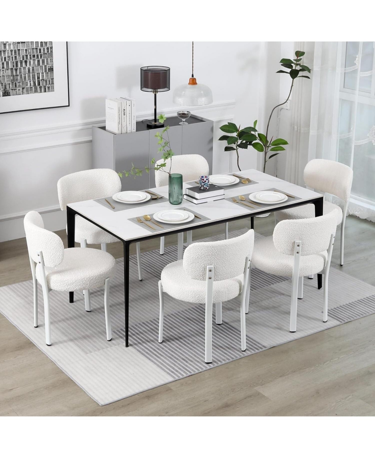 Dyhome Dining Chairs Set of 2, Upholstered Modern Dining Room Chairs, Tufted Sherpa Boucle Kitchen Chairs, Mid Century Dining Chair withMetal