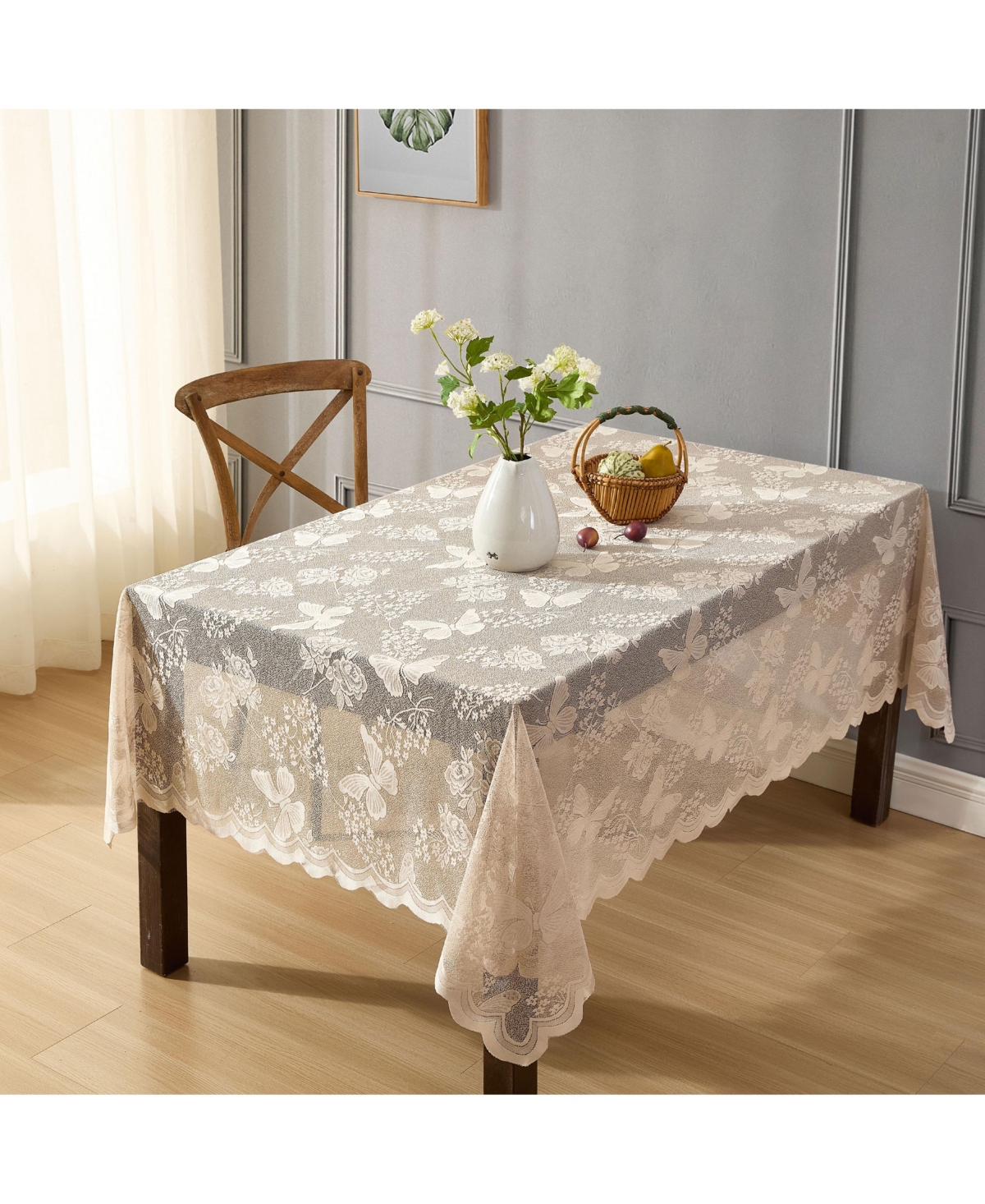 Hlc.me Butterfly Floral Lace Fabric Tablecloth, Lace Fabric Table Cloth for Rectangle Tables, Wrinkle Resistant Tablecloth, Patterned Scalloped Tablec
