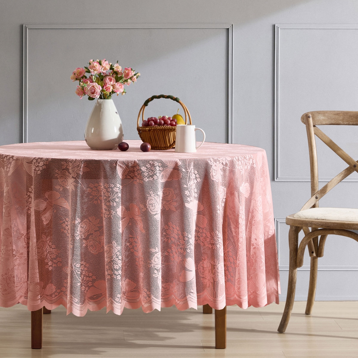 Butterfly Floral Lace Fabric Tablecloth, Lace Fabric Table Cloth for Round Tables, Wrinkle Resistant Tablecloth, Patterned Scalloped Tablecloth