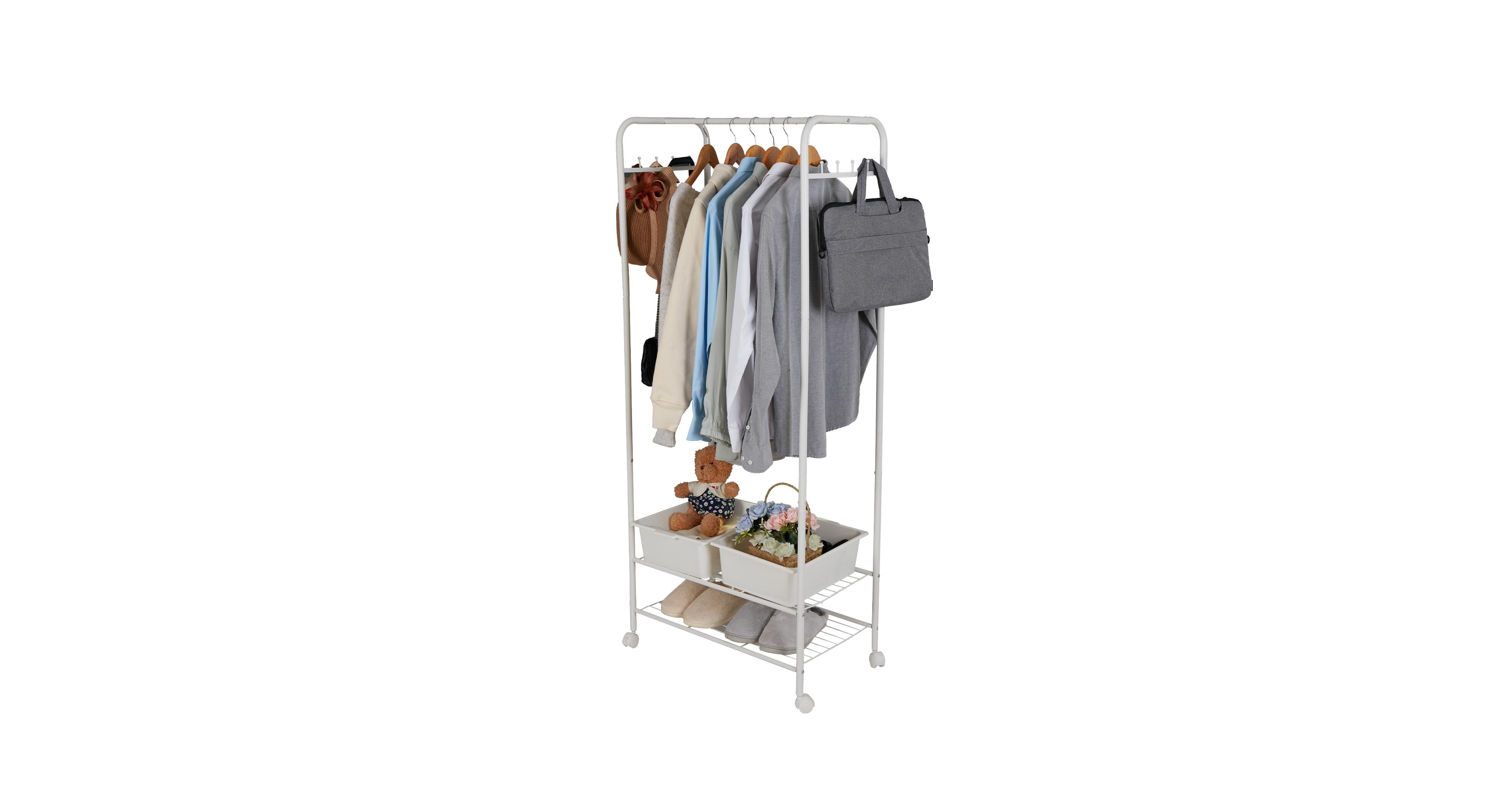 Unho Metal Clothes Rack with Wheels: Portable Garment Organizer with Storage Shelves