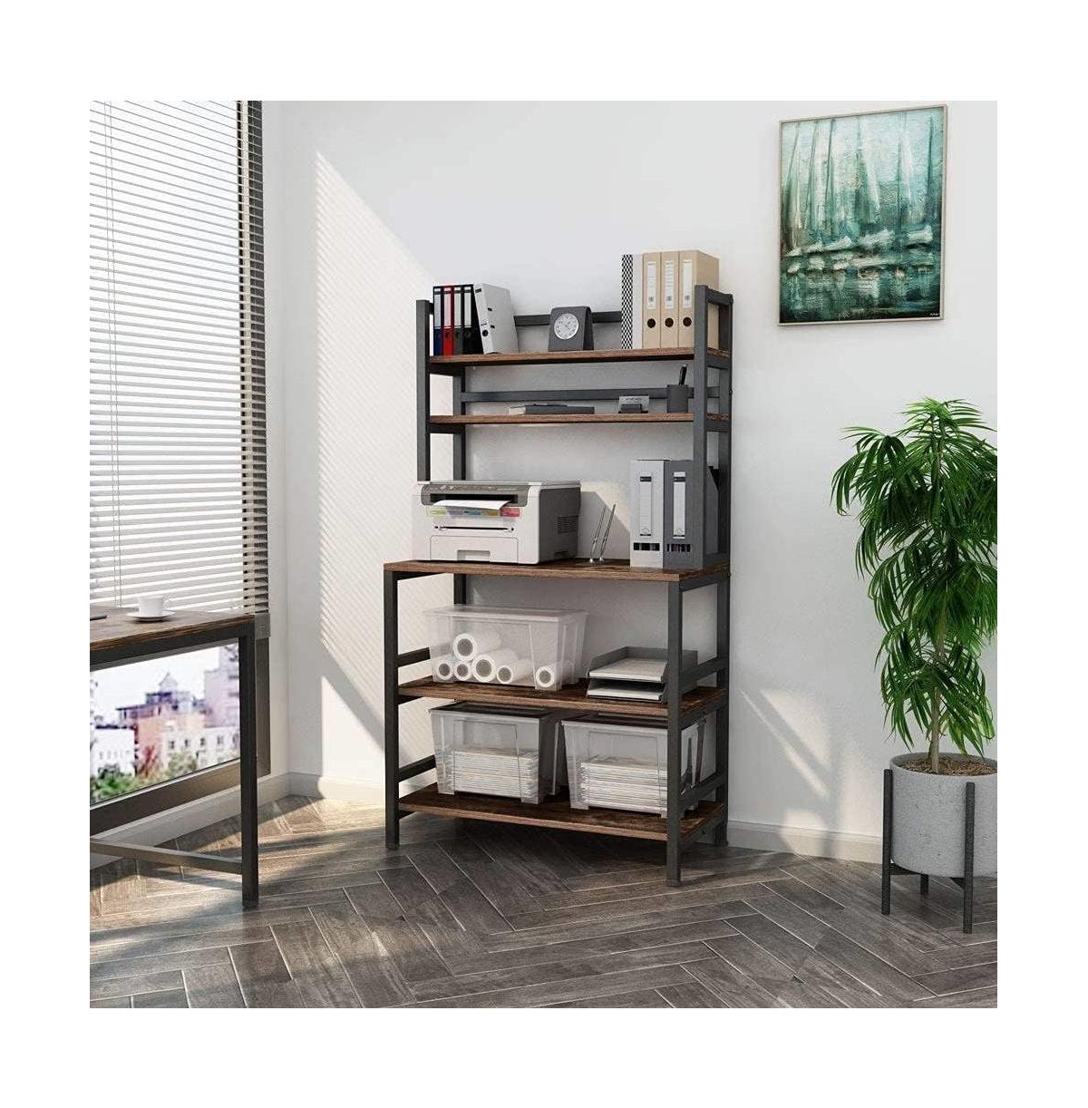 Slickblue Industrial Modern Kitchen Baker's Rack with Woodgrain Shelves and Sturdy Metal Frame
