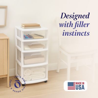 Clear Plastic 4 Drawer Medium Home Storage Container Tower, White Frame