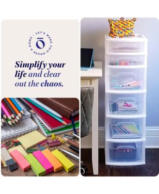 Plastic 6 Clear Drawer Medium Home Storage Container Tower, White Frame