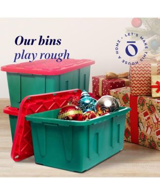 Durable 27 Gallon Heavy Duty Holiday Storage Tote, Green/Red, (4 Pack)