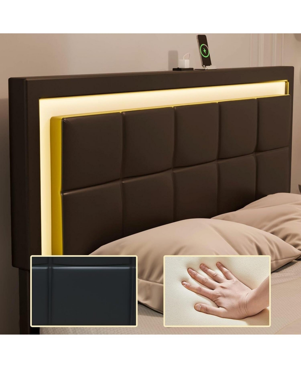 Dyhome Bed Frame with Led Lights and 4 Storage Drawers, Upholstered Platform Led Bed Frame Size with Charging Station Button Pu Leather Head