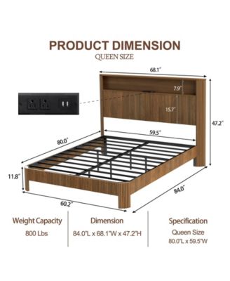 Queen Upholstered Bed Frame with Storage Headboard and Built-in Charging Station, Metal Frame Queen Size Platform Bed, No Box Spring Needed