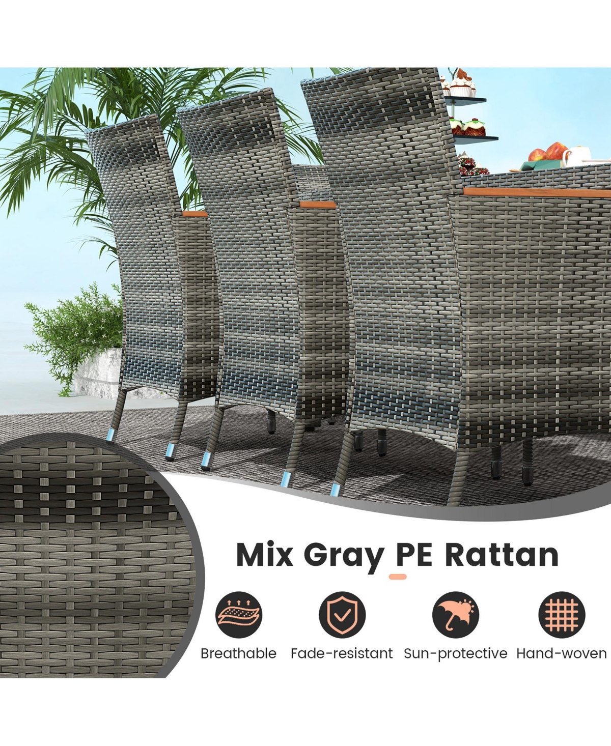 Gymax 9 Pcs Wicker Dining Set Patio Dining Furniture Set w/ Acacia Wood Table & 8 Armchairs - Beige+brown+grey