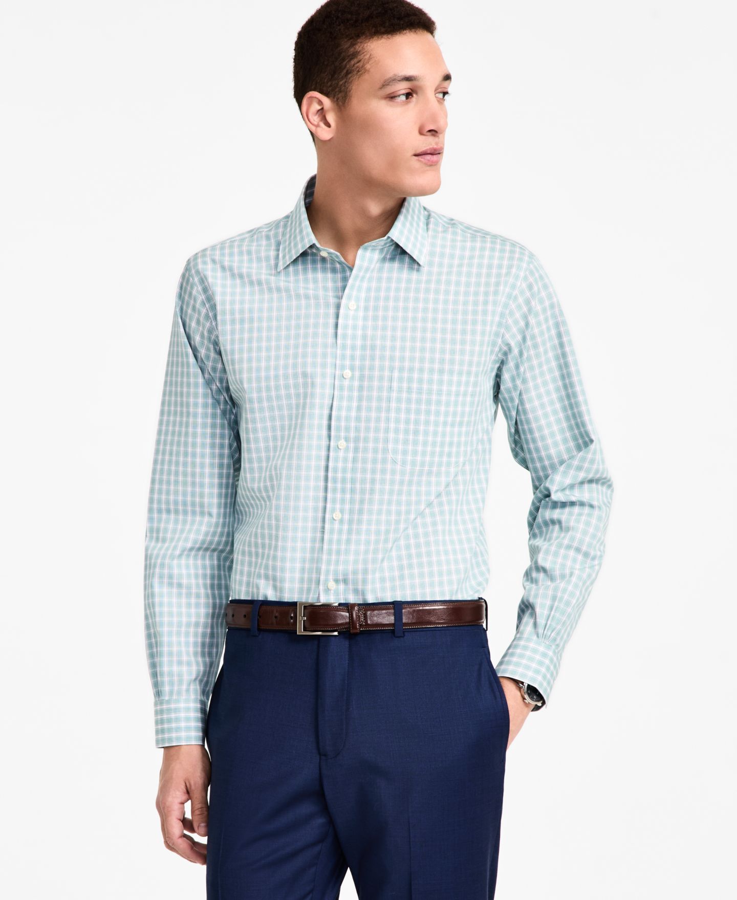 Мужская рубашка Brooks Brothers Regular-Fit Non-Iron Spread Collar Check Broadcloth Dress Shirt, цвет: Зелёный клетчатый — фото 1