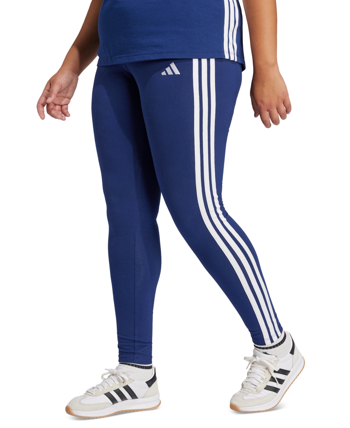 Shop Adidas Originals Plus Size Essentials 3-stripes Cotton Leggings In Dark Blue,white