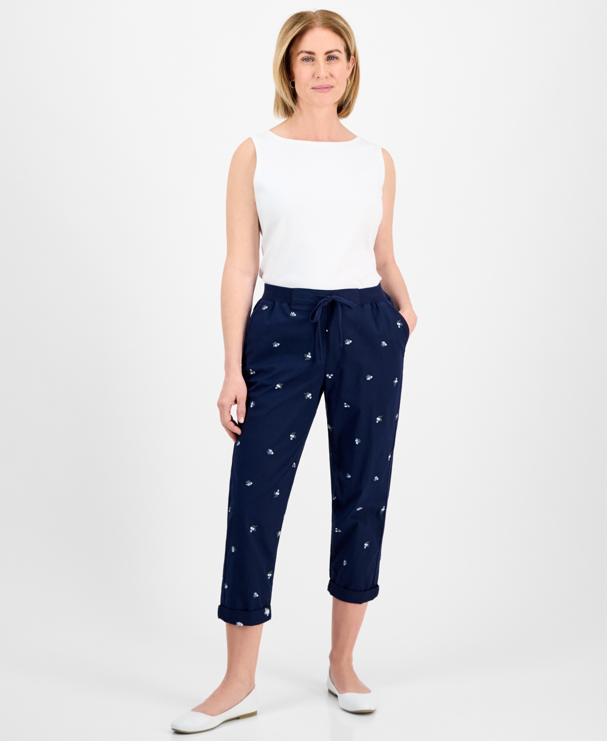 Style & Co Petite Pull-on Cuffed Twill Ankle Pants, Created For Macy's In Paige Emb