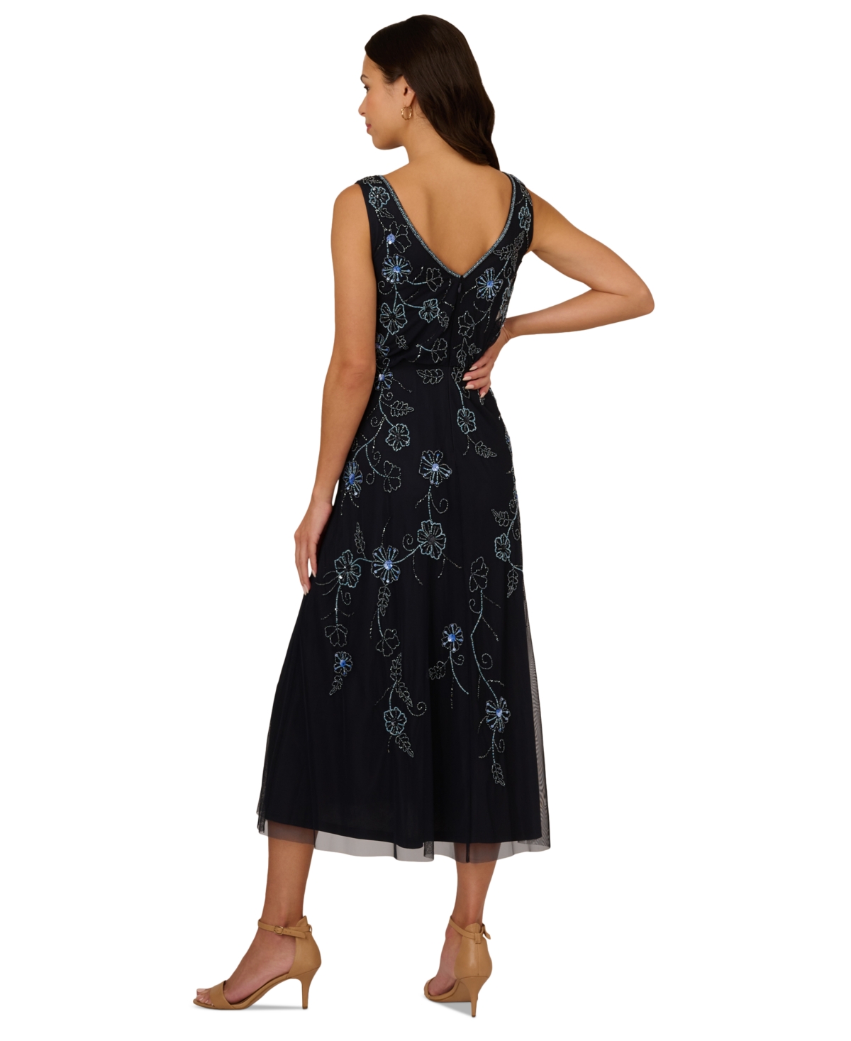 Shop Adrianna Papell Women's V-neck Beaded Sleeveless Midi Dress In Midnight Multi
