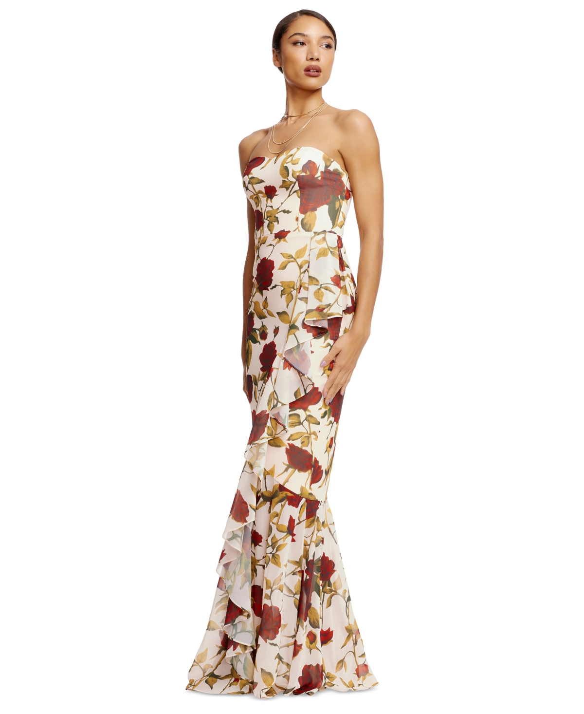 Dress The Population Paris Floral Ruffle Strapless Gown In Cream Multi