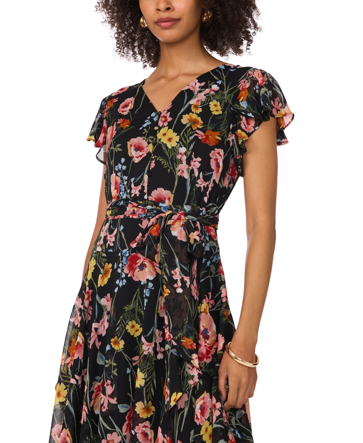Vince Camuto Women's Printed Flutter-sleeve Midi Dress In Rich Black