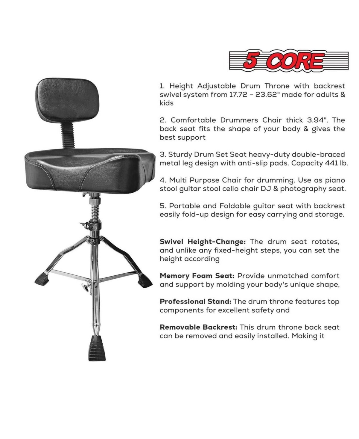 5 Core Drum Throne with Backrest  Height Adjustable Comfortable Guitar Stool Motorcycle Style Seat - Ds Ch Blk Rest