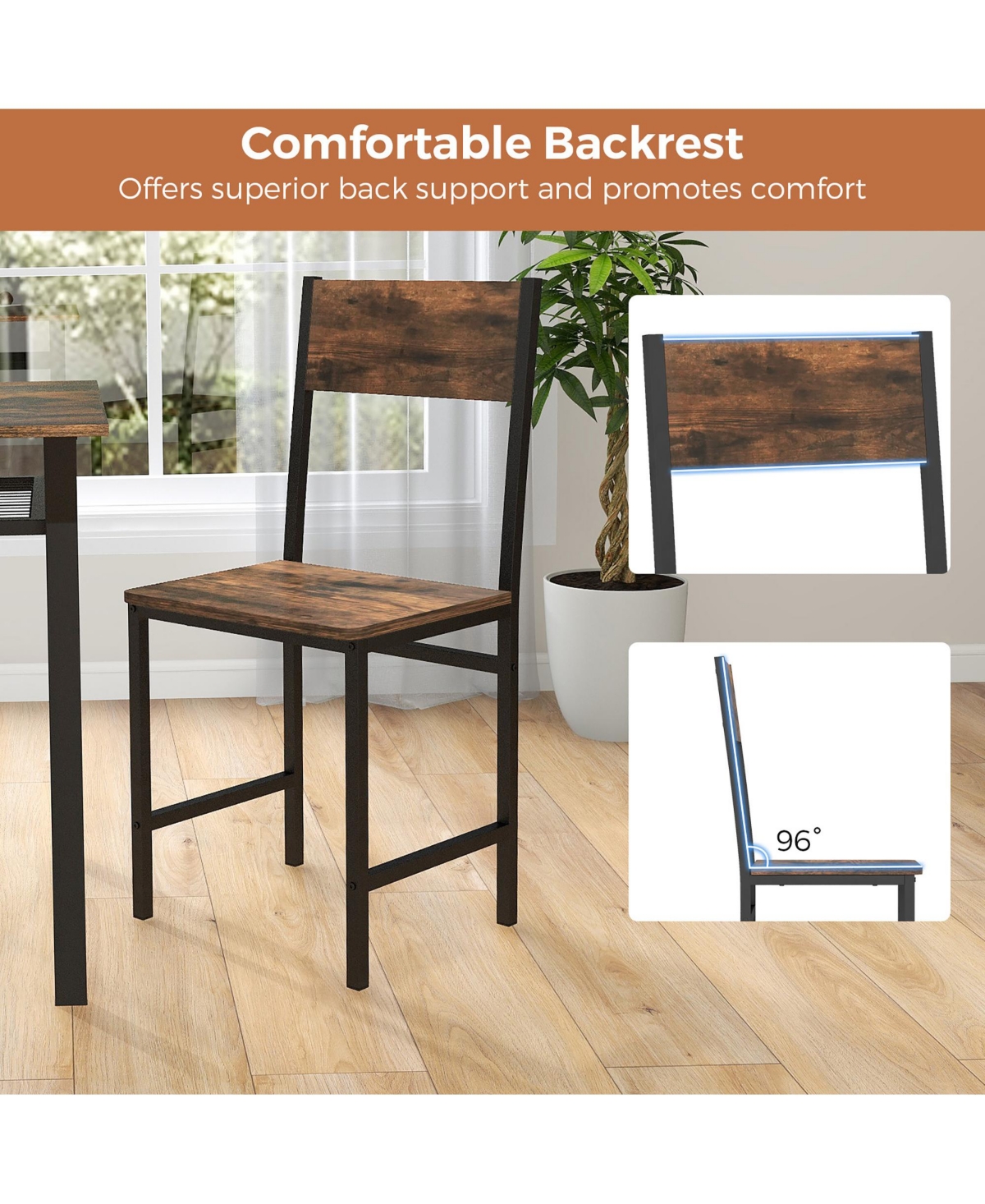 Gymax Set of 4 Dining Chairs w/Metal Legs Slanted Back Wide Seat for Living Room - Brown+black