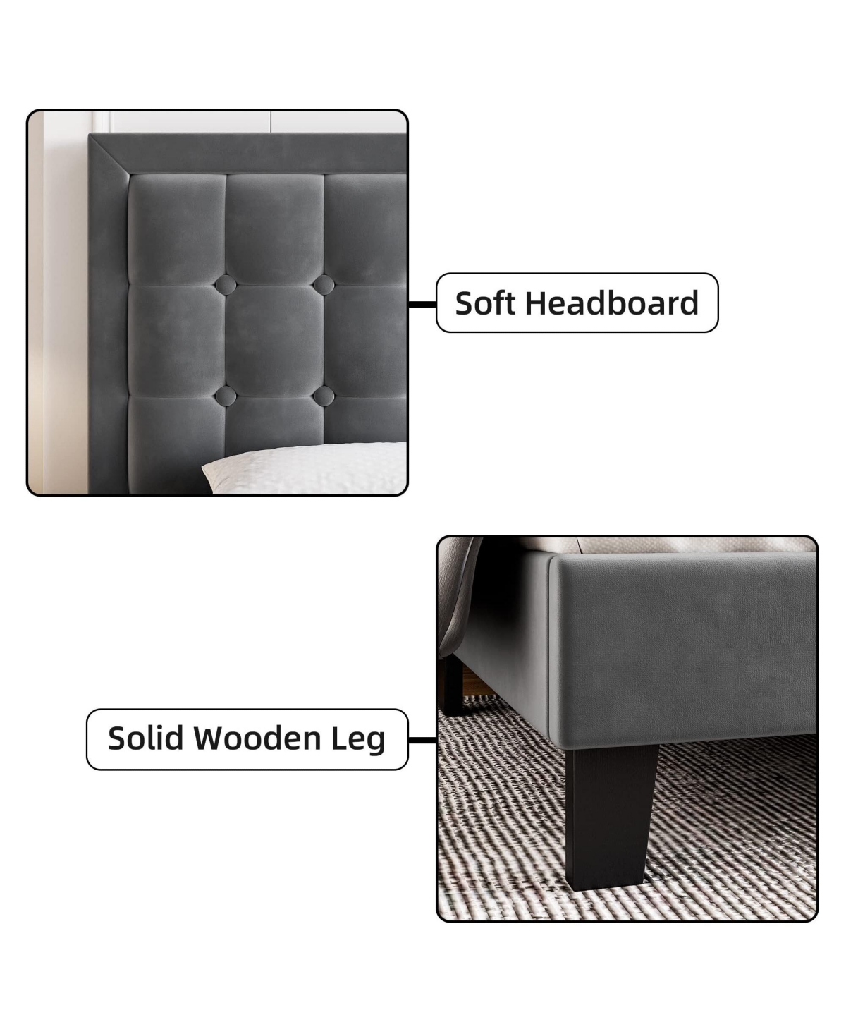 gaomon Platform Bed Frame with Upholstered Button Tufted Headboard, Metal Foundation with Wood Slats Support No Box Spring Needed for Bedroom - Dark g