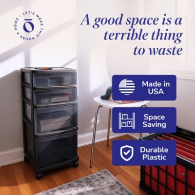 Tall Solid Plastic 4 Drawer Medium Storage Cart with Caster Wheels, Black