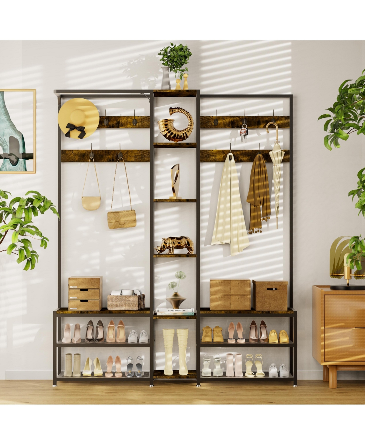 Unho Corner Coat Rack: 2-Tier Shoe Shelf 10 Hooks for Entryway Bedroom Living Room