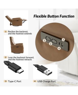 Rodrigue Modern Leather Swivel Power Recliner with USB and Type-C Charging