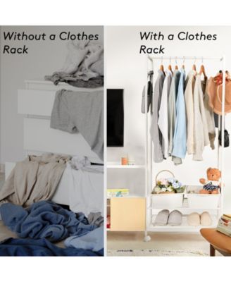 Metal Clothes Rack with Wheels: Portable Garment Organizer with Storage Shelves