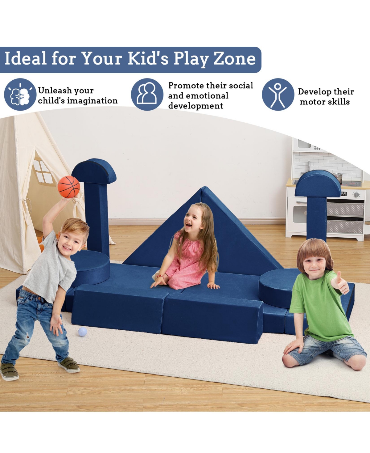 gaomon 14 Pcs Kids Play Couch Sofa, Modular Folding Playset, Convertible Foam Cushions for Playroom and Bedroom, for Boys and Girls