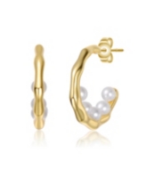 Genevive Sterling Silver 14K Gold Plated with Freshwater Pearl C Hoop Earrings - Gold