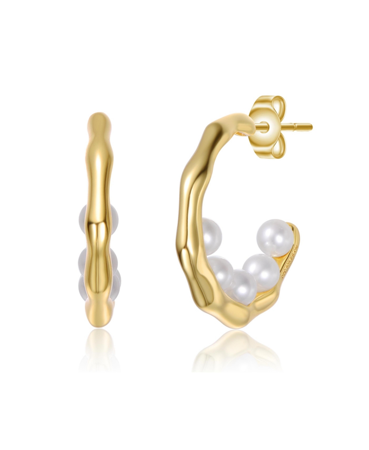 Sterling Silver 14K Gold Plated with Freshwater Pearl C Hoop Earrings - Gold