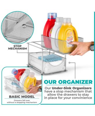 2 Tier Under Sink Organizers - Strong Steel Mesh Sliding Drawers for Enhanced Storage Bathroom, Kitchen, Home and more (Silver)